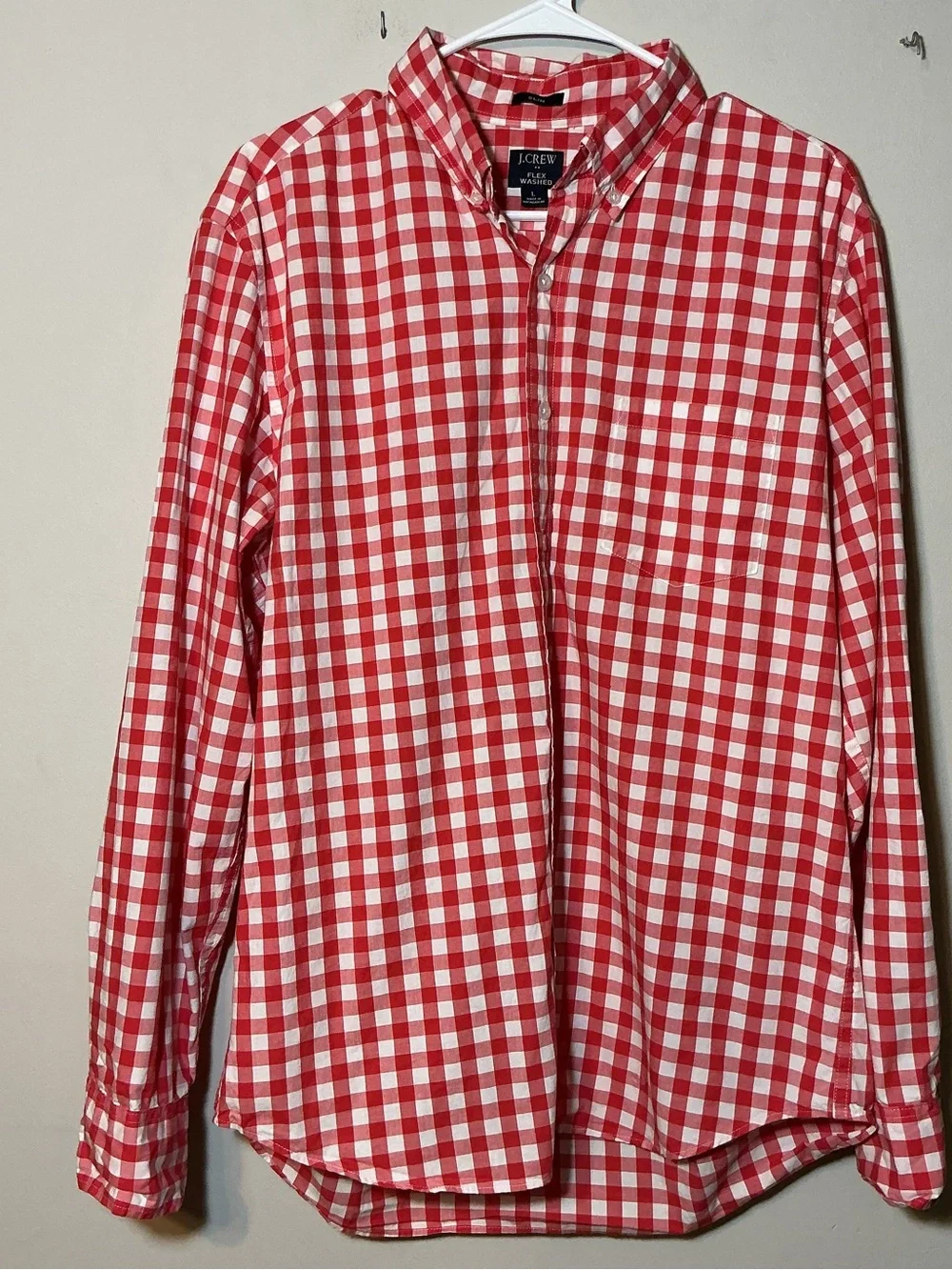 J. Crew Red and White Gingham Button-Down Shirt-See Descript